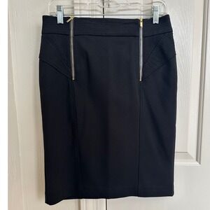 VINTAGE CACHÉ Y2K Moto Pencil Skirt // 00s Office Siren Gold Zipper Midi Size 8